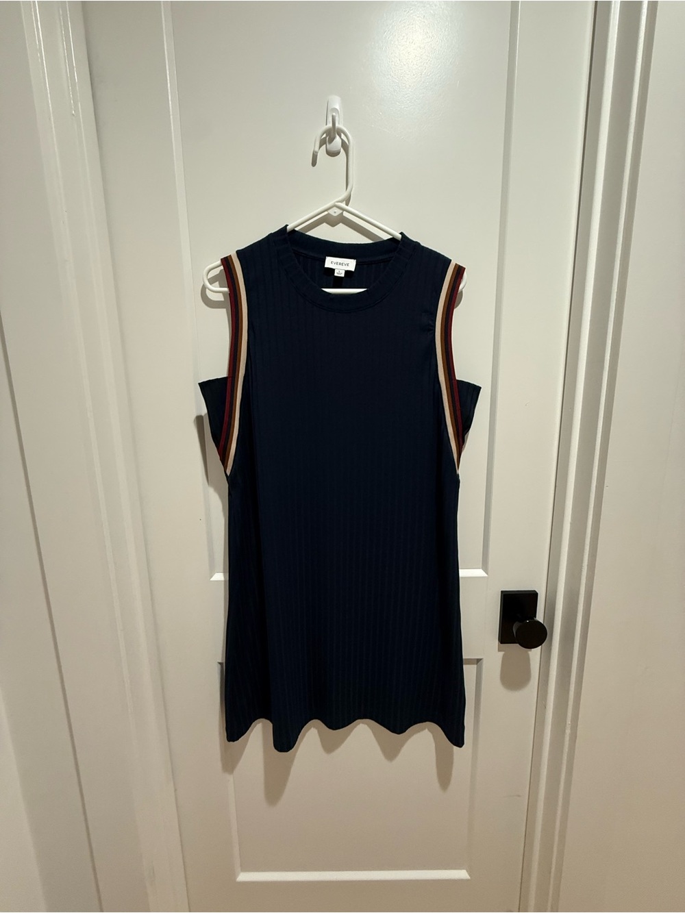 Everve Navy Ribbed Sleeveless Dress with Red and Cream Stripe Trim